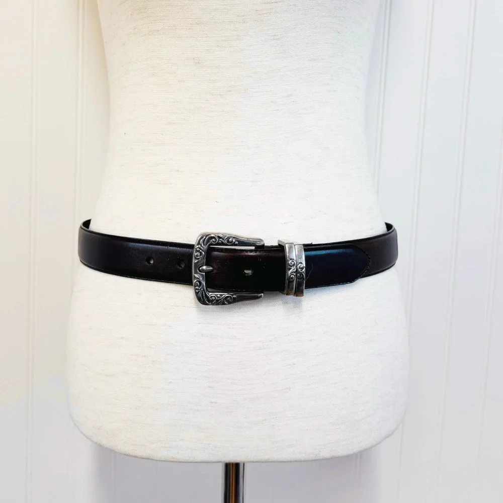 VINTAGE Fossil Brown Leather Western Engraved Silver Belt Medium‎ Ornate Boho